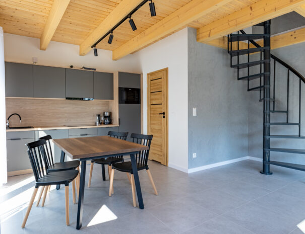 Strefa dzienna w domku PATIO Łagów — rozkładana sofa, klimatyzacja, aneks kuchenny, zielona tapeta botaniczna jako detal aranżacyjny