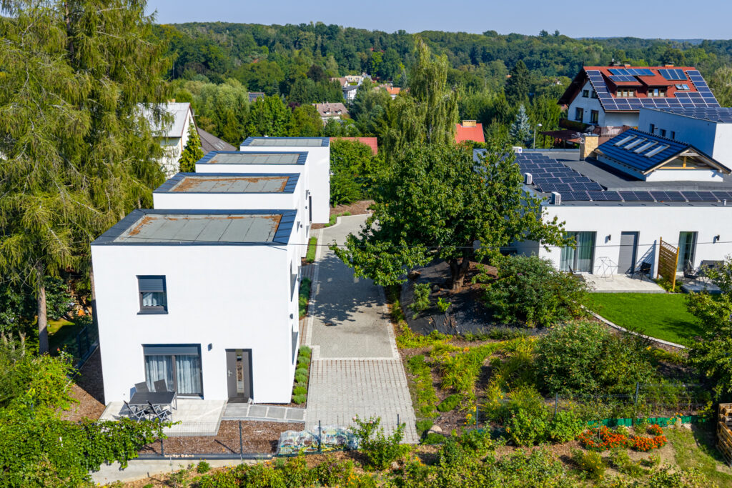 Domek PATIO w Łagowie — frontowa elewacja, nowoczesna biała architektura z drewnianymi detalami i wejściem na taras